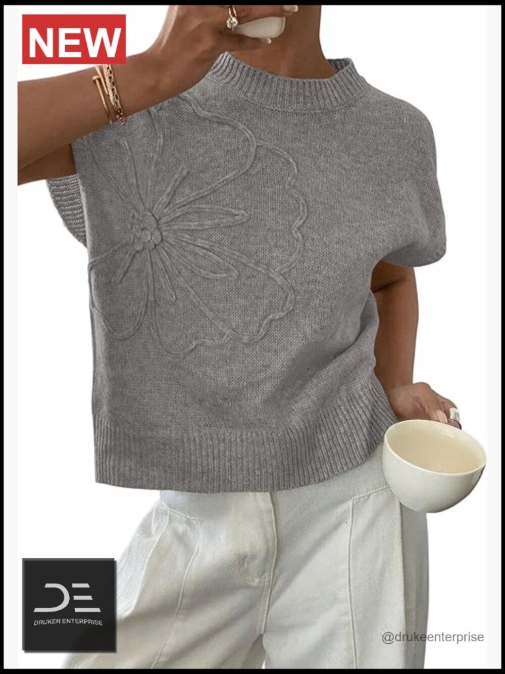 Women's Knit Sweater Vest with 3D Flower Embellishment - Short Sleeve Pullover